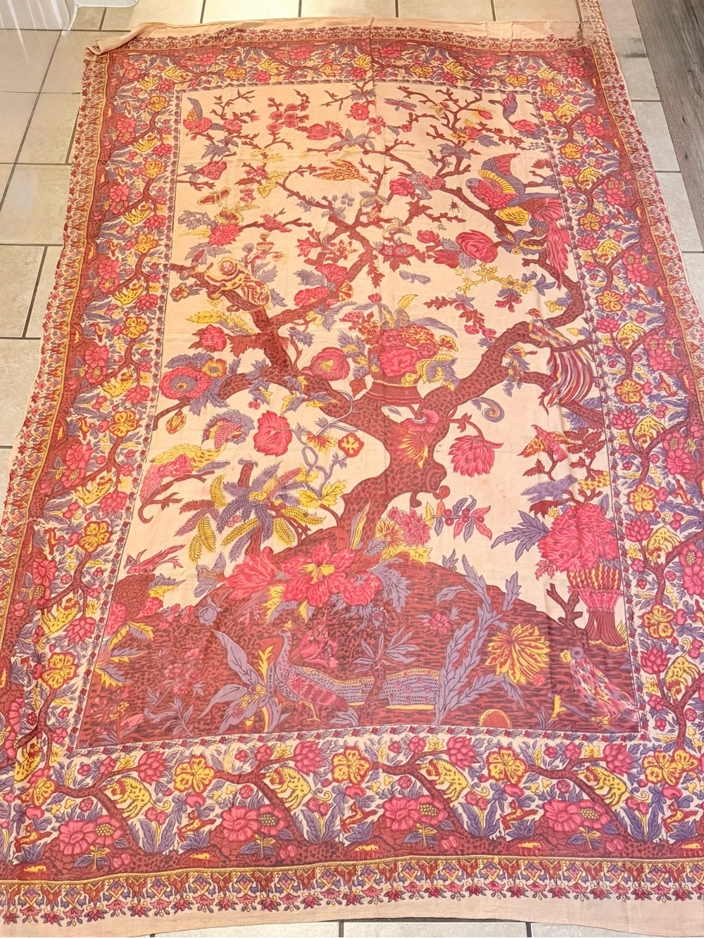Vintage Blocked Tree Life Bird Floral Cotton Gauze Bed Wall Fabric Pink Mauve